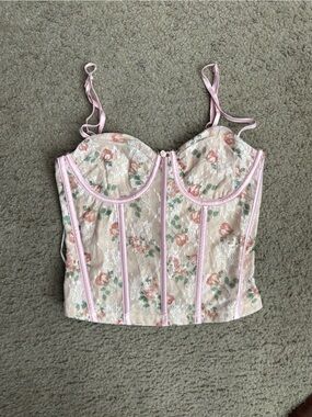 Floral Lace Corset Top with Pink Trim